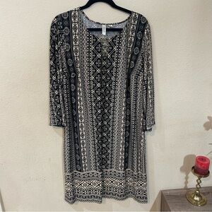Tacera Black and Cream Geometric Long Sleeve Dress 2XL